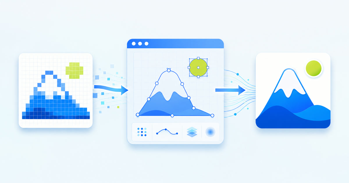A pixel image moving through a vector editing workspace and becoming a smooth vector graphic