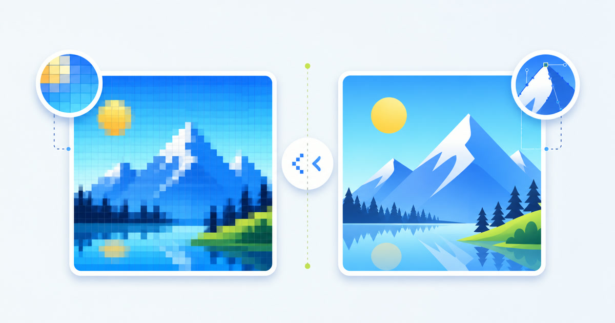 The same mountain scene displayed as visible raster pixels and as smooth vector shapes