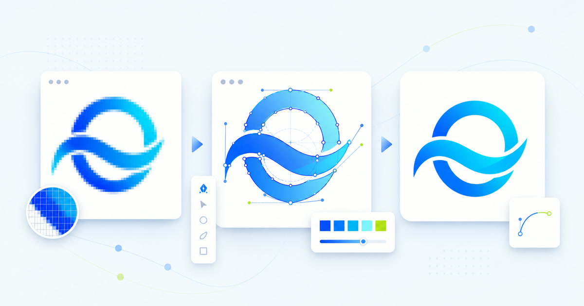 A rough pixelated symbol being refined with vector anchor points into a clean geometric logo